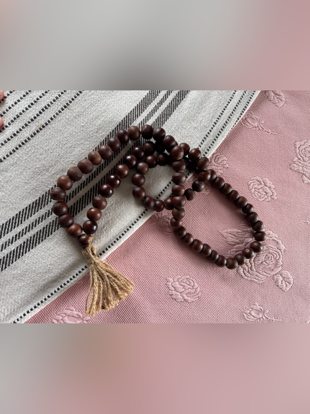 Dark Brown Wood Bead Strand with Natural Tassel - Home Accent